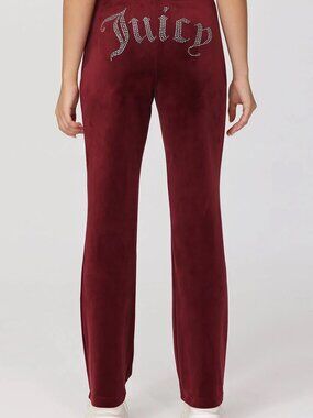 JUICY COUTURE Burgundy Velour Lounge Pants Y2K Relaxed Wide Leg Drawstring